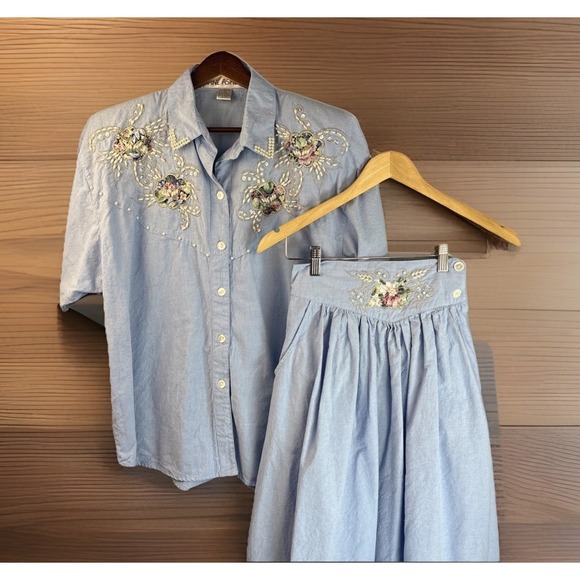 Vintage 100% Cotton Western Embellished Skirt Set M/L Chambray Yoke 80s Cowgirl - Picture 1 of 16